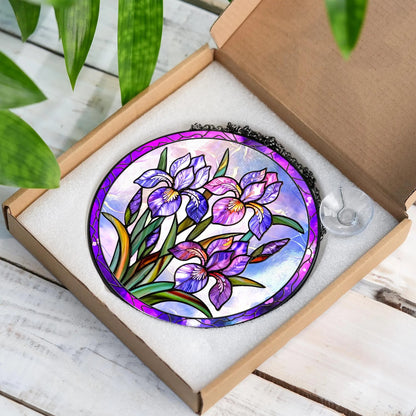 Netecom Iris Stained Glass Suncatcher – Purple Iris Window Hanging, February Birth Flower Gift for Flower Lovers and Home Decor