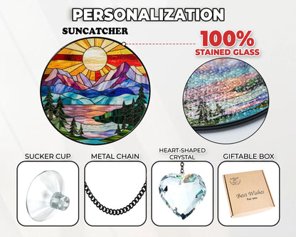 Netecom Mountain Range Stained Glass Suncatcher Ornament Nature Window Hanging Landscape Art Gift for Mom Christmas Home Decor