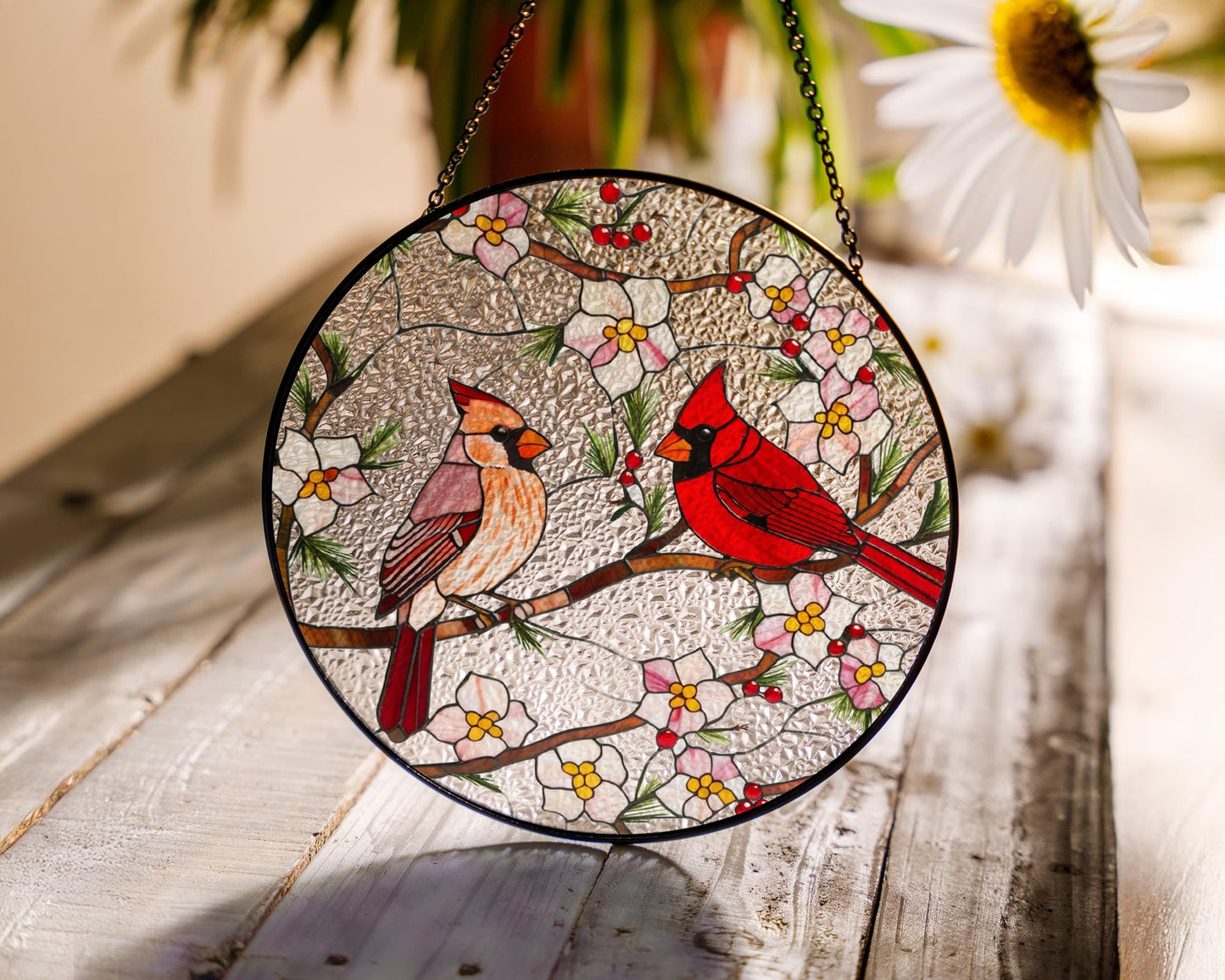 Netecom Cardinal Stained Glass Suncatcher – Window Hanging Bird Glass Art, Memorial Suncatcher, Bird Lover Gift for Mom, Women’s Home Decor