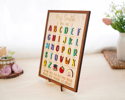 Netecom Personalized ABC Teacher Appreciation Wooden Sign, Custom Teacher Name Wall Art, A to Z Classroom Decor, Thank You Gift for Preschool & Kindergarten Teachers