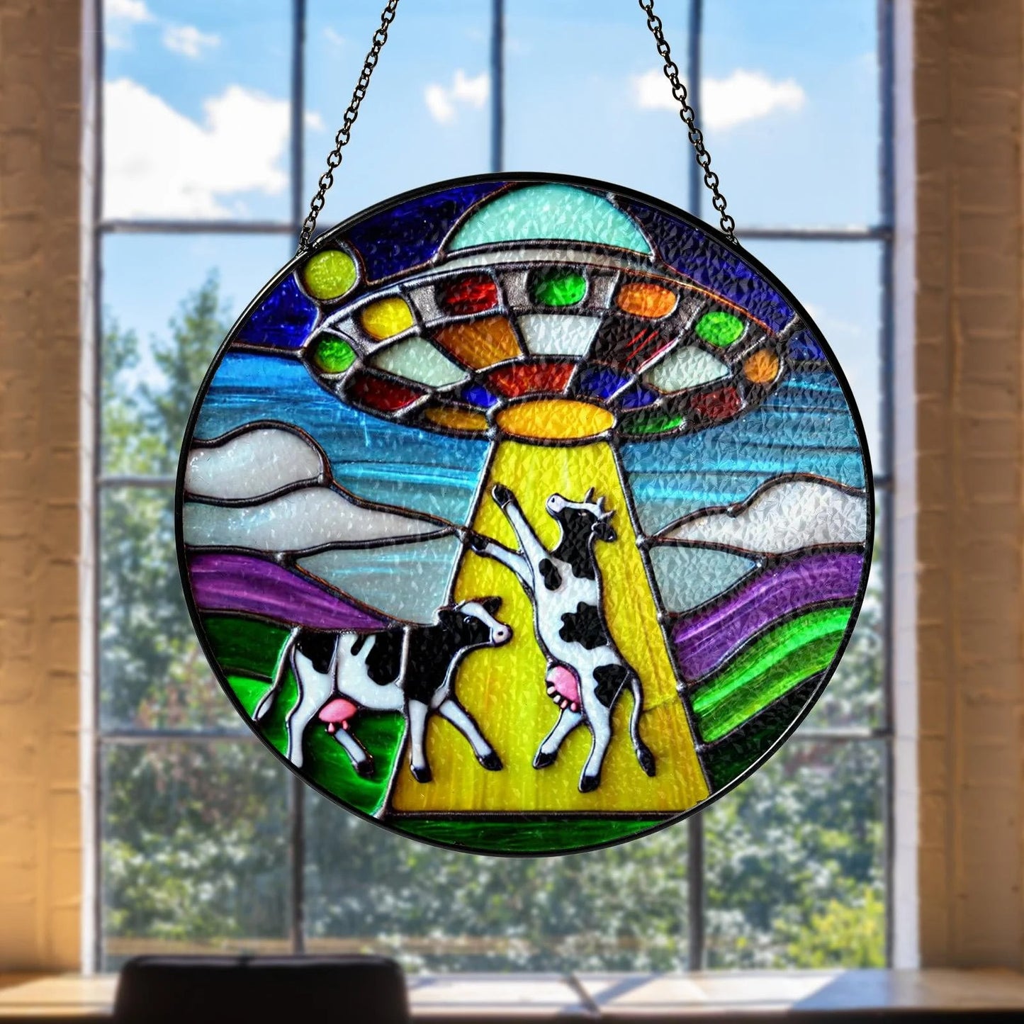 Netecom Funny Alien and Cow UFO Stained Glass Suncatcher – Unique Window Hanging, Spaceship Art Home Decor, Stained Glass or Acrylic Window Decoration