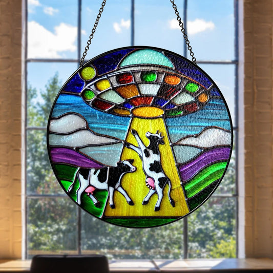 Netecom Funny Alien and Cow UFO Stained Glass Suncatcher – Unique Window Hanging, Spaceship Art Home Decor, Stained Glass or Acrylic Window Decoration