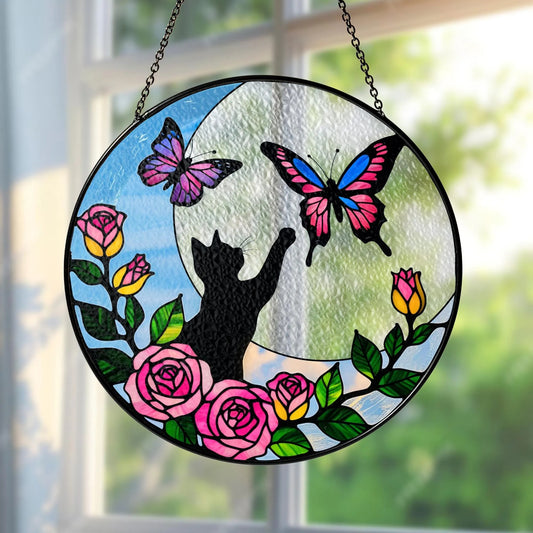 Netecom 8" Black Cat Butterfly Stained Glass Suncatcher – Cat Window Hanging, Cat Lover Gift, Loss of Pet Sympathy Decor