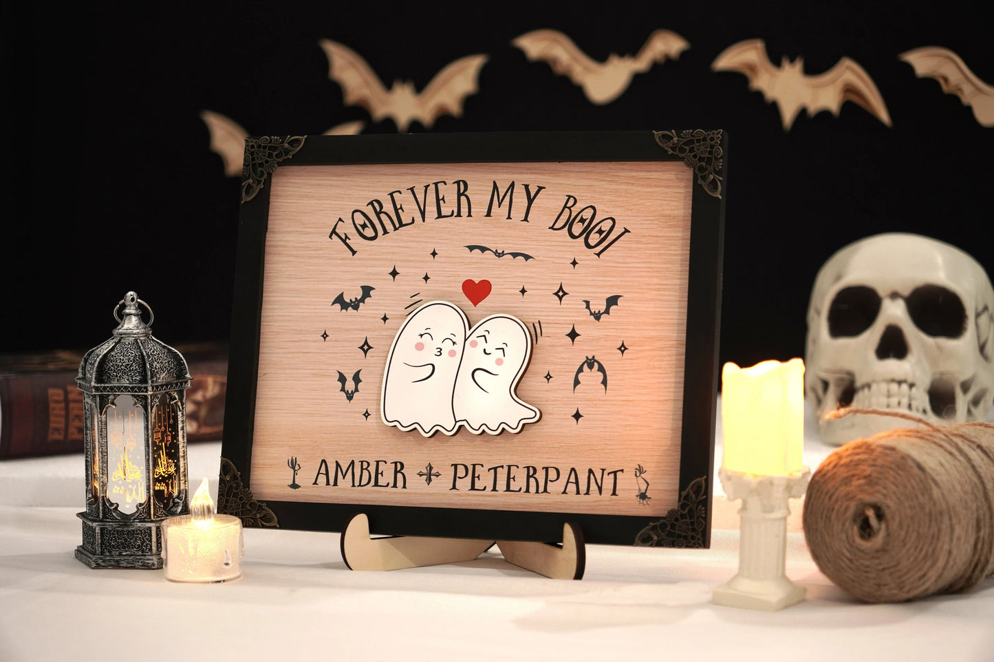 Netecom Personalized Forever My Boo Wooden Halloween Sign, Cute Ghost Couple Decor with Heart, Custom Name Halloween Home Decor, Spooky Farmhouse Gift for Couples