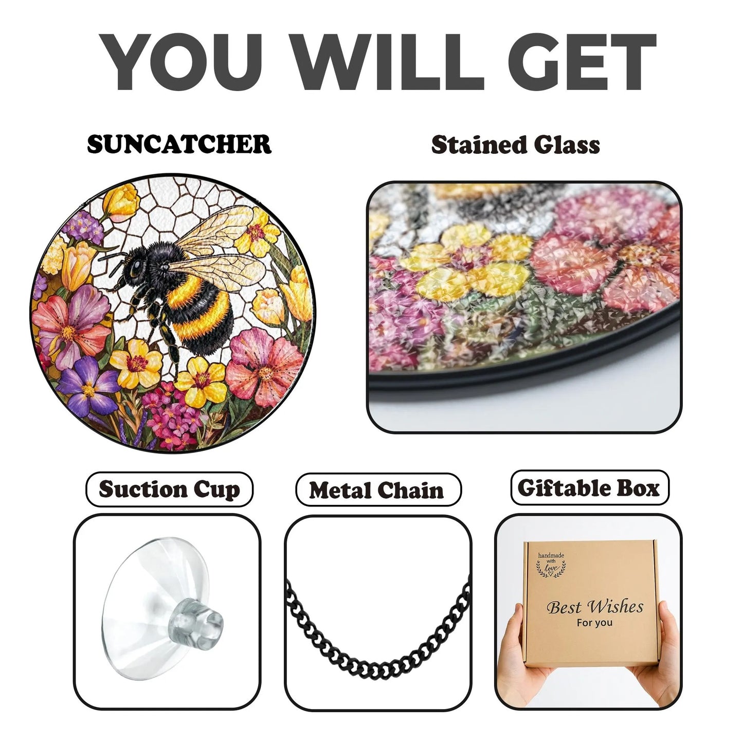 Netecom Bee Wildflower Stained Glass Suncatcher – Nature Gift for Gardeners, Mother’s Day, Grandma and Teacher Gift