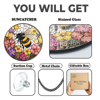 Netecom Bee Wildflower Stained Glass Suncatcher – Nature Gift for Gardeners, Mother’s Day, Grandma and Teacher Gift