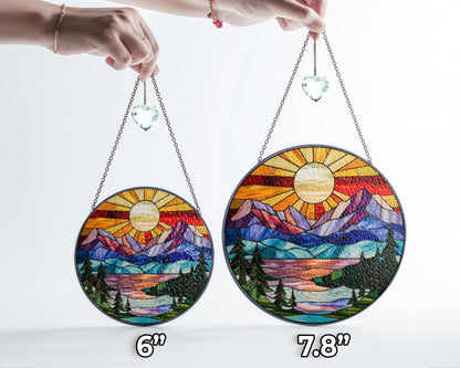 Netecom Mountain Range Stained Glass Suncatcher Ornament Nature Window Hanging Landscape Art Gift for Mom Christmas Home Decor