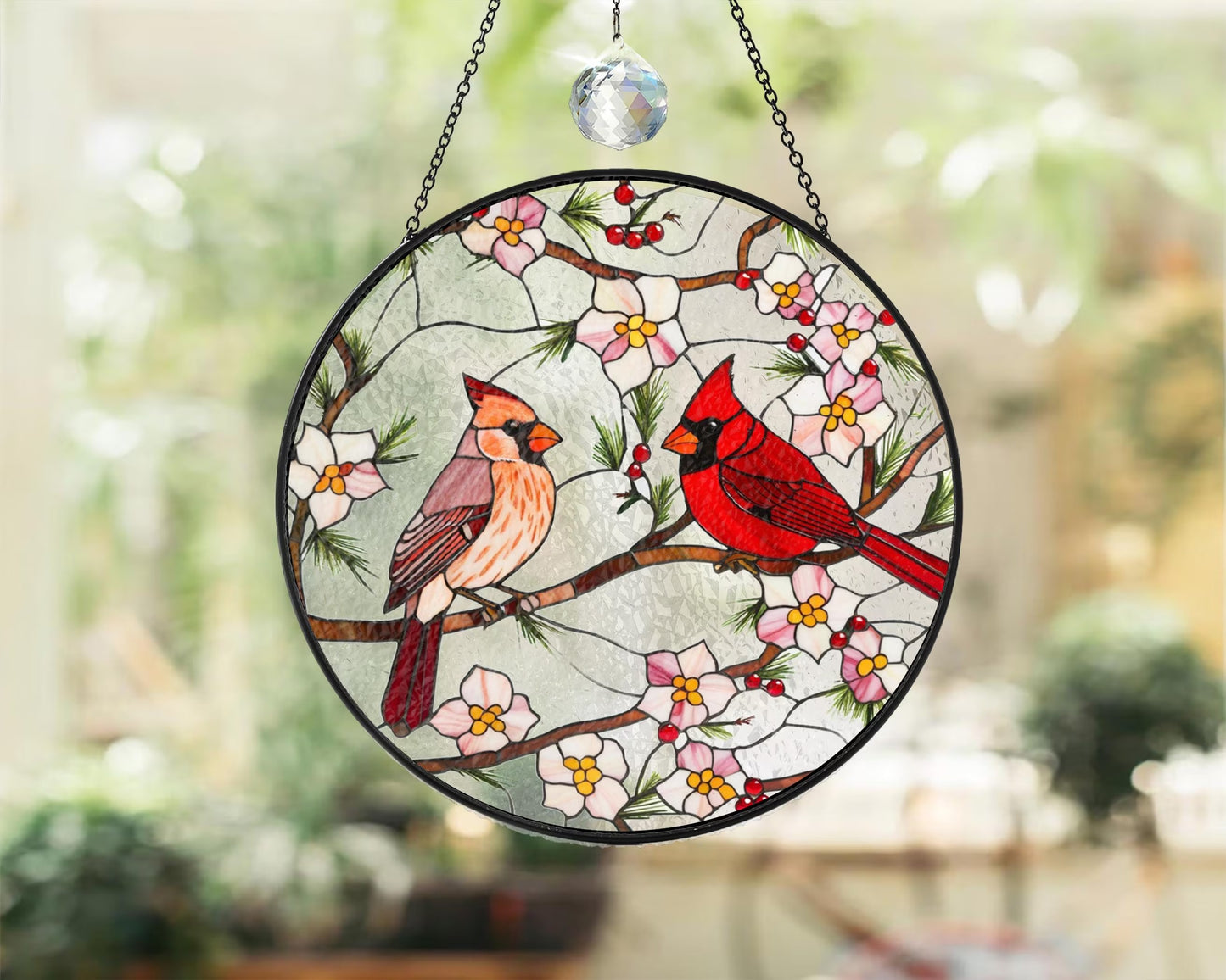 Netecom Cardinal Stained Glass Suncatcher – Window Hanging Bird Glass Art, Memorial Suncatcher, Bird Lover Gift for Mom, Women’s Home Decor