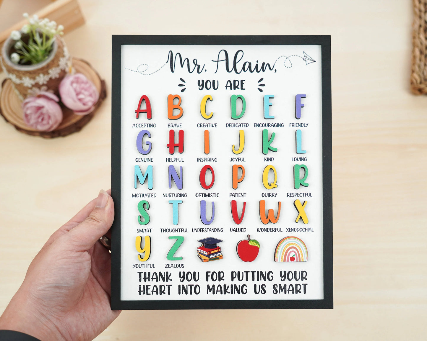 Netecom Personalized ABC Teacher Appreciation Wooden Sign, Custom Teacher Name Wall Art, A to Z Classroom Decor, Thank You Gift for Preschool & Kindergarten Teachers