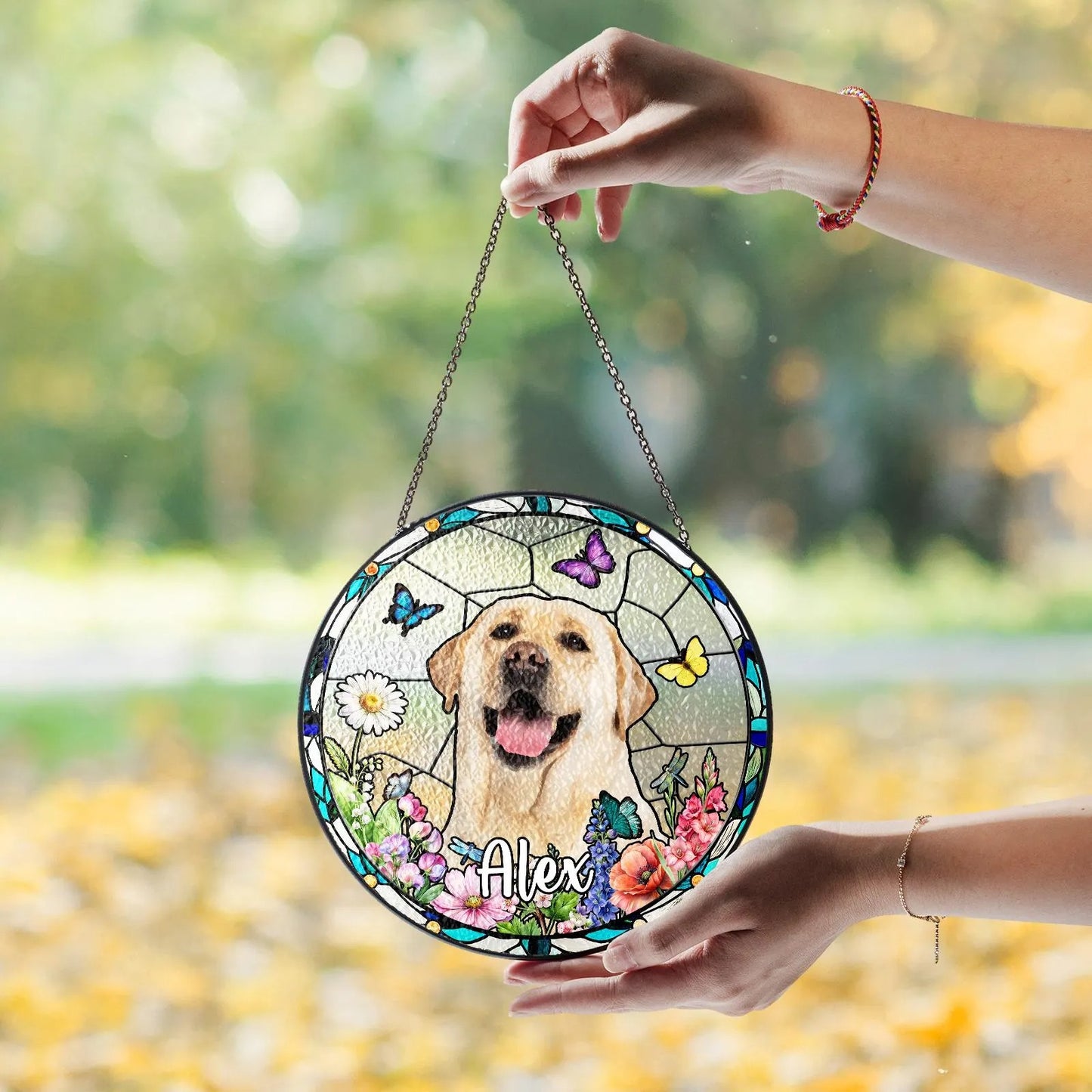 Netecom Personalized Pet Portrait Stained Glass Suncatcher – Custom Pet Memorial, Pet Lover Window Hanging, Thoughtful Sympathy Gift for Dog and Cat Owners