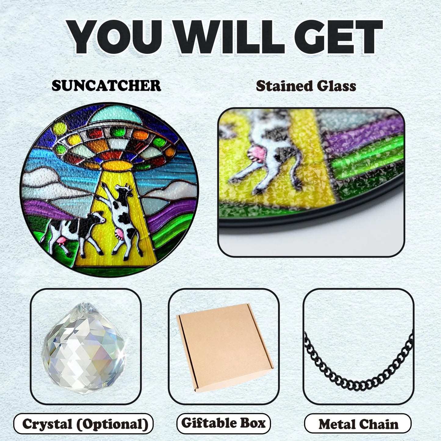 Netecom Funny Alien and Cow UFO Stained Glass Suncatcher – Unique Window Hanging, Spaceship Art Home Decor, Stained Glass or Acrylic Window Decoration