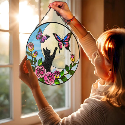 Netecom 8" Black Cat Butterfly Stained Glass Suncatcher – Cat Window Hanging, Cat Lover Gift, Loss of Pet Sympathy Decor