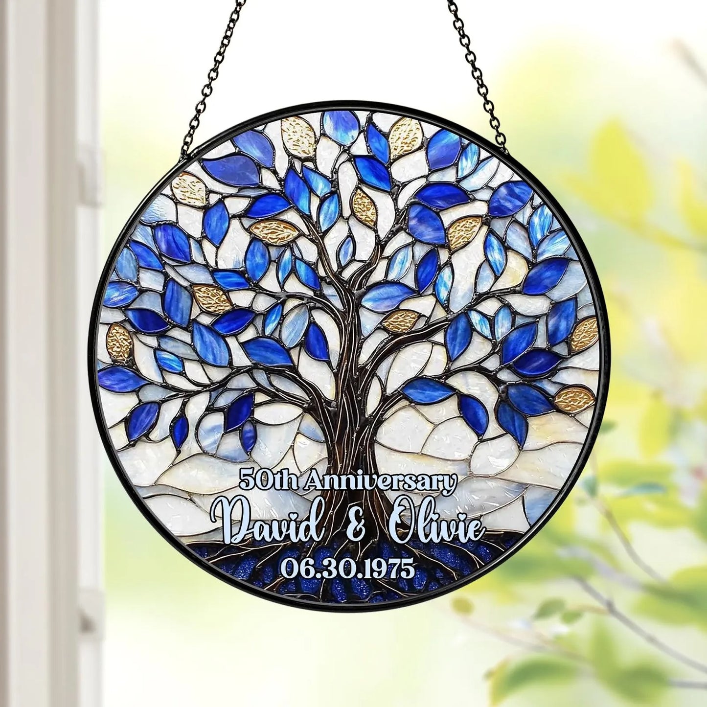 Netecom Personalized 50th Anniversary Tree of Life Suncatcher – Golden Wedding Window Hanging, Custom Tree of Life Glass Gift for Couples Parents Grandma Grandpa