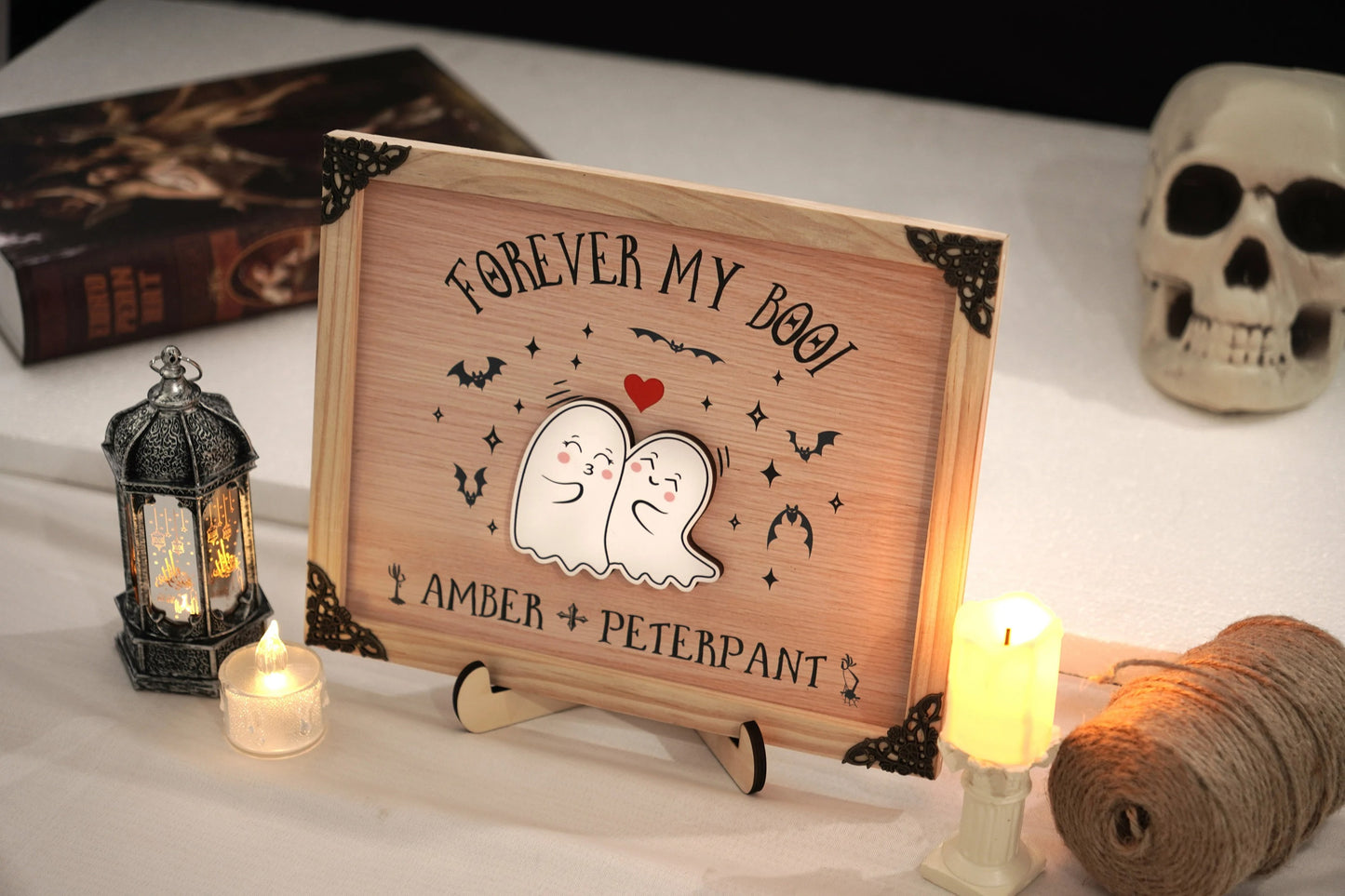 Netecom Personalized Forever My Boo Wooden Halloween Sign, Cute Ghost Couple Decor with Heart, Custom Name Halloween Home Decor, Spooky Farmhouse Gift for Couples