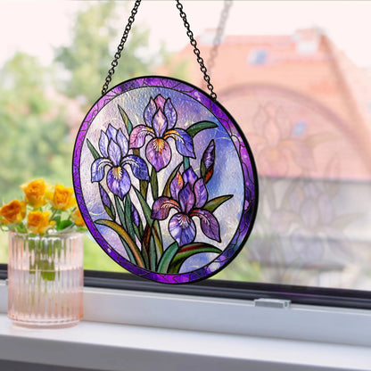 Netecom Iris Stained Glass Suncatcher – Purple Iris Window Hanging, February Birth Flower Gift for Flower Lovers and Home Decor