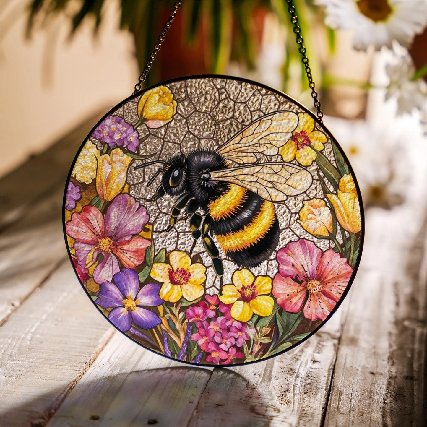 Netecom Bee Wildflower Stained Glass Suncatcher – Nature Gift for Gardeners, Mother’s Day, Grandma and Teacher Gift