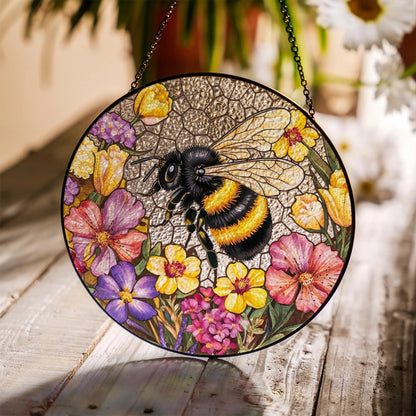 Netecom Bee Wildflower Stained Glass Suncatcher – Nature Gift for Gardeners, Mother’s Day, Grandma and Teacher Gift
