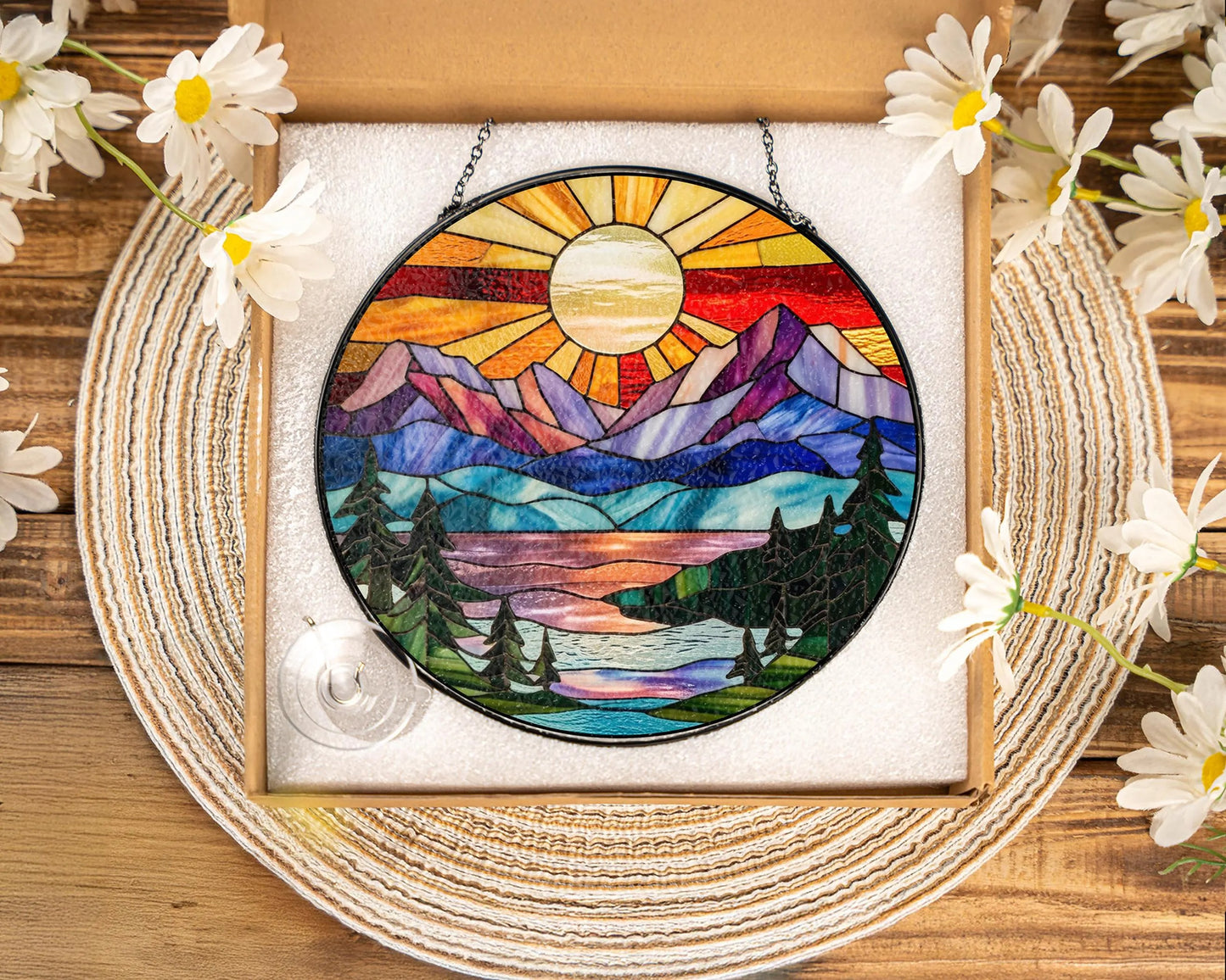 Netecom Mountain Range Stained Glass Suncatcher Ornament Nature Window Hanging Landscape Art Gift for Mom Christmas Home Decor