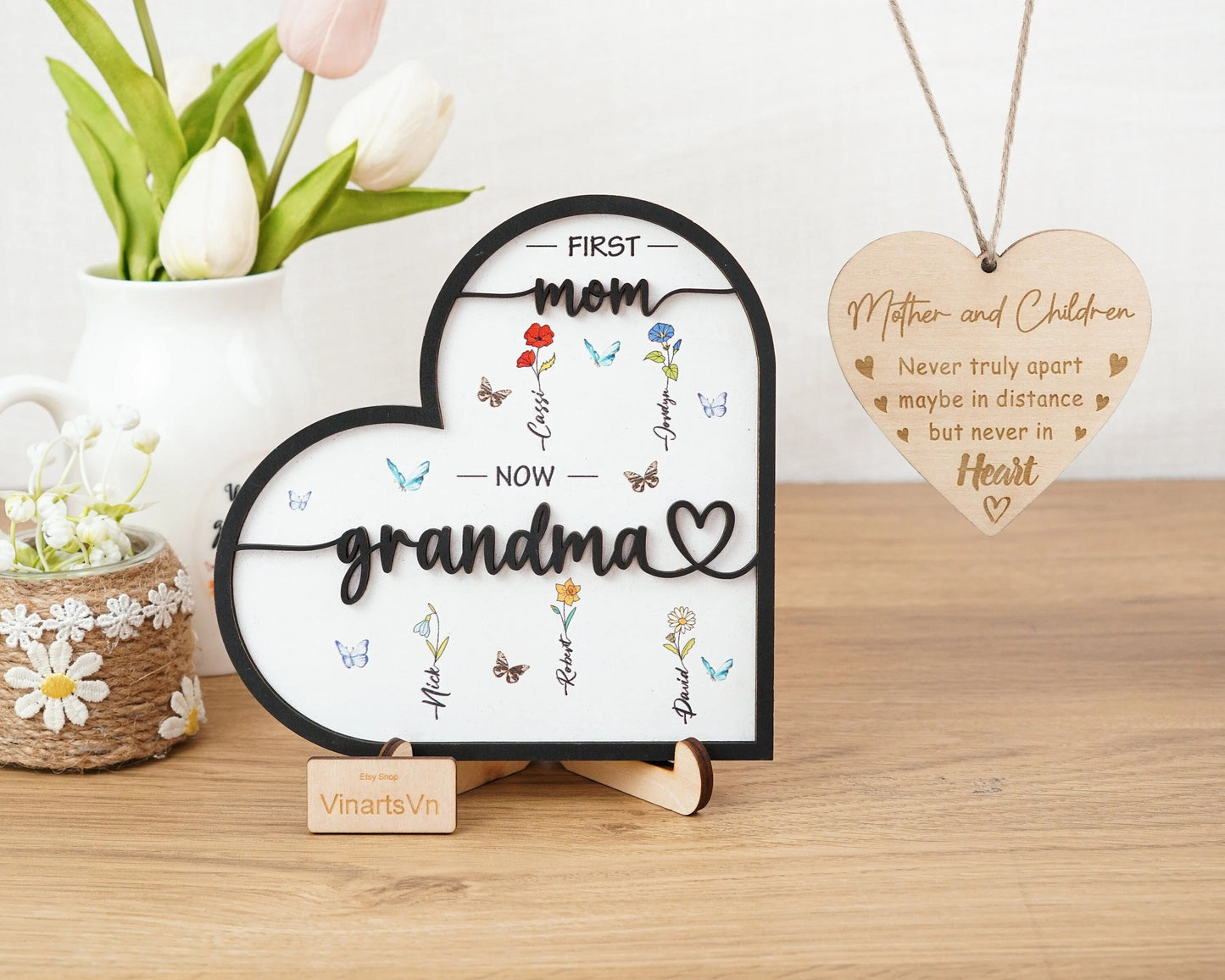 Netecom Personalized Birth Month Flower Wooden Sign Custom Mother's Day Gift for Mom & Nana First Mom Now Grandma Sign Grandmother's Garden Decor Custom Gift for Mom