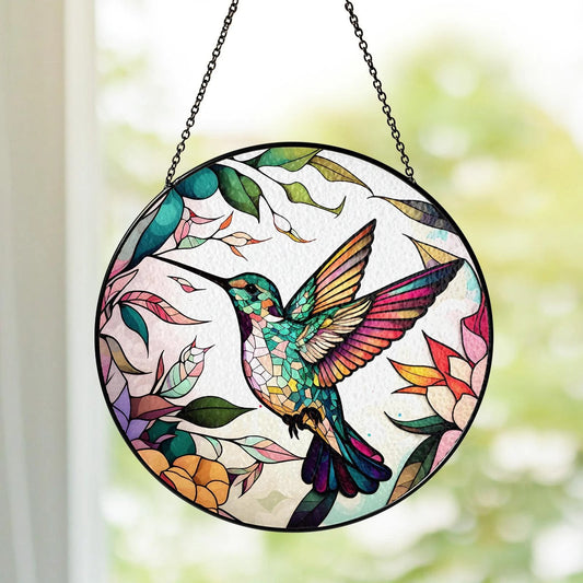 Netecom Hummingbirds and Wild Flowers Stained Glass Suncatcher – Window Hanging Nature Art, Grandma Gift, Light Catcher Wall Decor, Gift for Women Mom