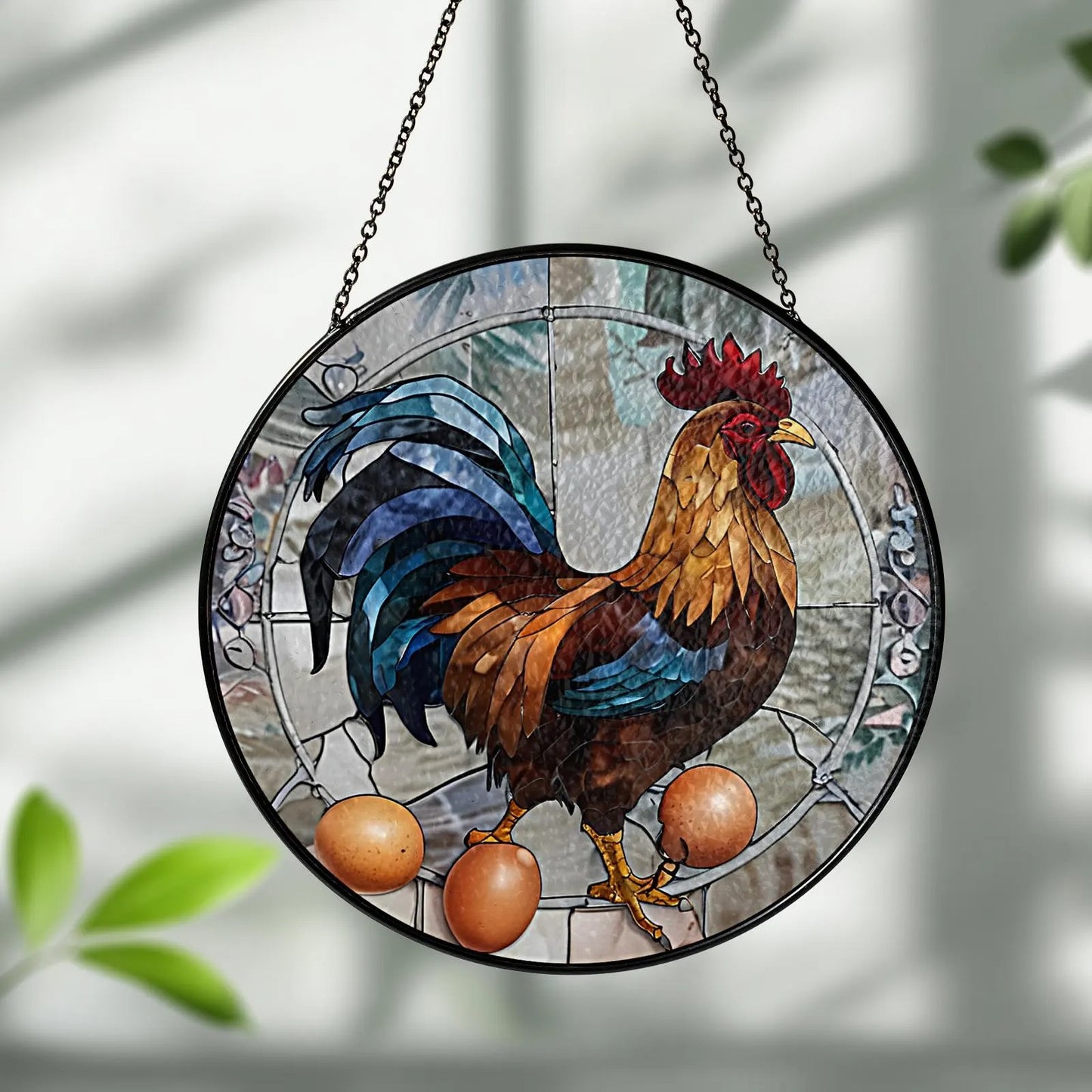 Netecom Rooster Stained Glass Suncatcher – Farmhouse Window Hanging Decor, Rustic Rooster & Egg Glass Art, Country Kitchen Gift