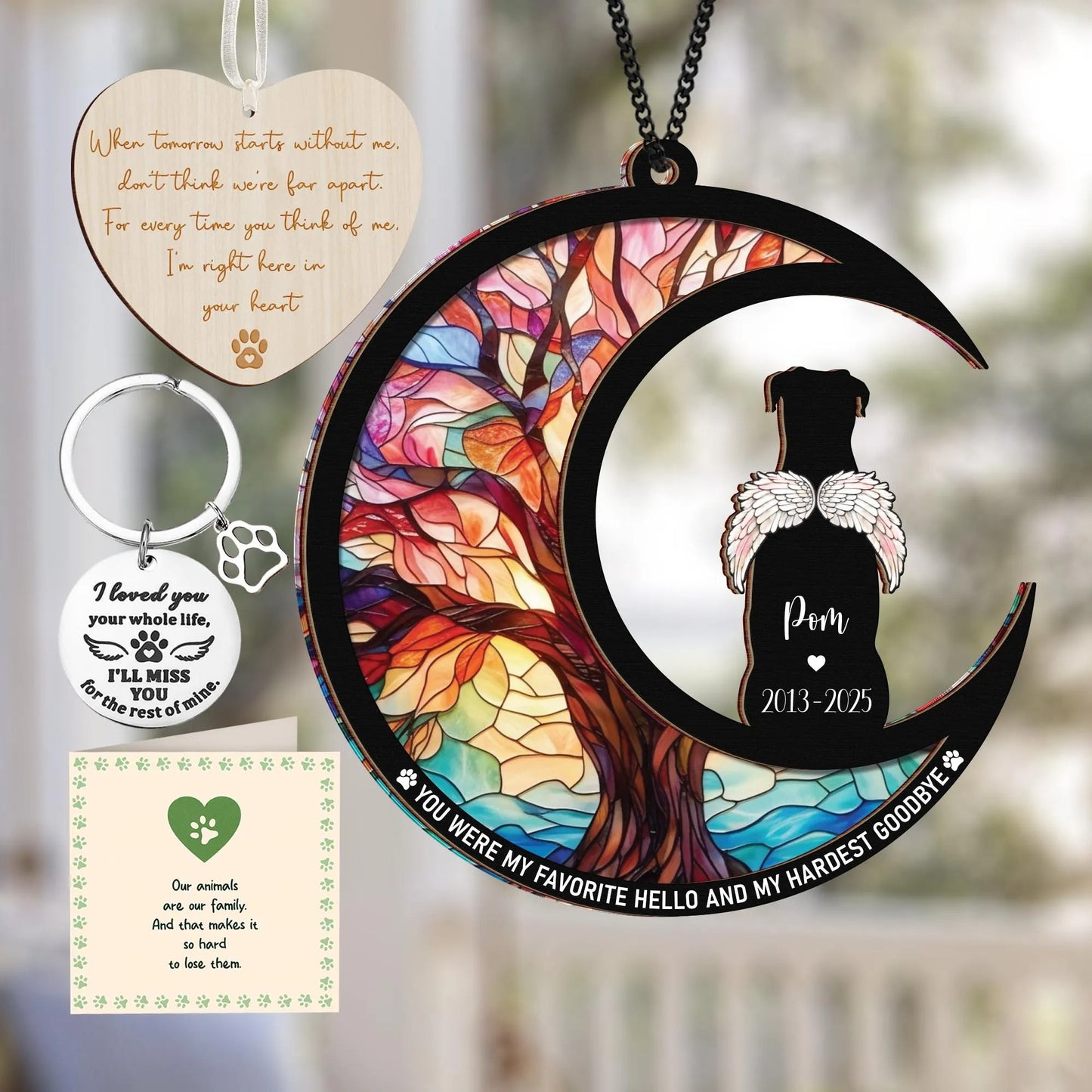 Netecom Boxer Dog Memorial Suncatcher Gift – Personalized Pet Loss Ornament, Bereavement Keychain and Sympathy Card Remembrance Set