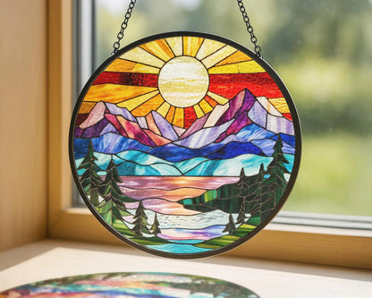 Netecom Mountain Range Stained Glass Suncatcher Ornament Nature Window Hanging Landscape Art Gift for Mom Christmas Home Decor