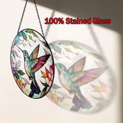 Netecom Hummingbirds and Wild Flowers Stained Glass Suncatcher – Window Hanging Nature Art, Grandma Gift, Light Catcher Wall Decor, Gift for Women Mom