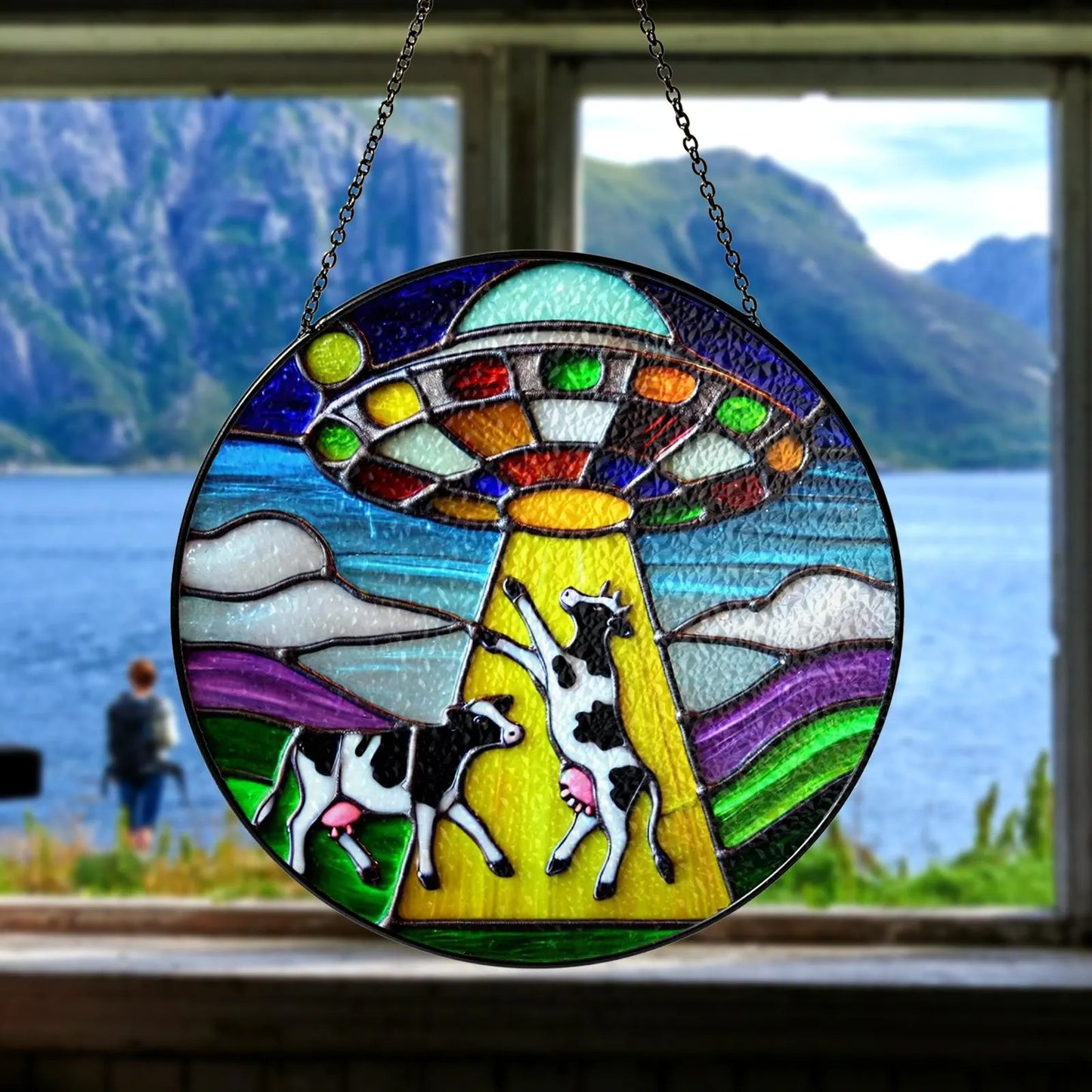 Netecom Funny Alien and Cow UFO Stained Glass Suncatcher – Unique Window Hanging, Spaceship Art Home Decor, Stained Glass or Acrylic Window Decoration