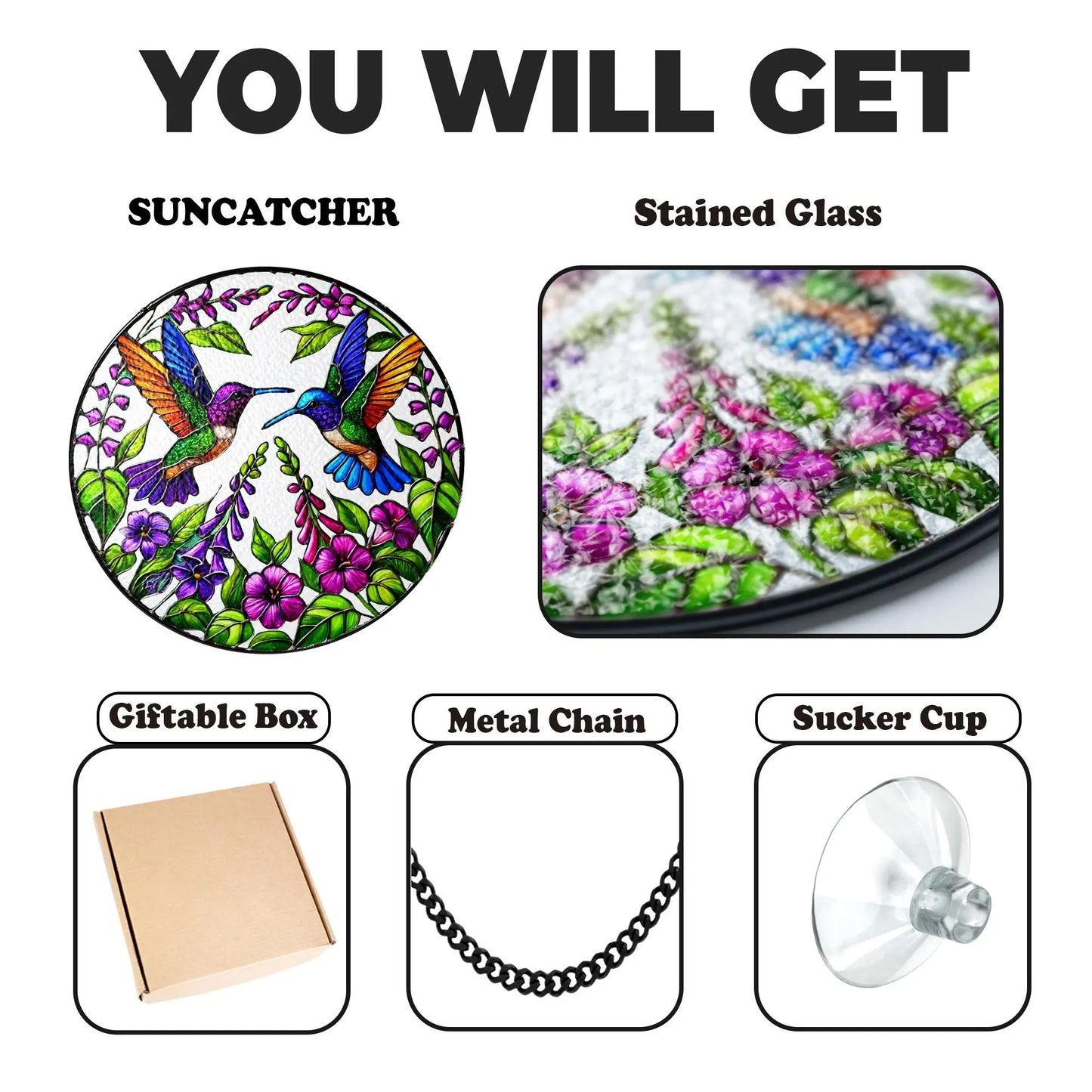 Netecom Stained Glass Hummingbird Suncatcher – Bird Glass Art, Wild Flower Window Hanging, Perfect Gift for Hummingbird Lovers, Indoor Decor, Women’s Gift