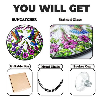 Netecom Stained Glass Hummingbird Suncatcher – Bird Glass Art, Wild Flower Window Hanging, Perfect Gift for Hummingbird Lovers, Indoor Decor, Women’s Gift