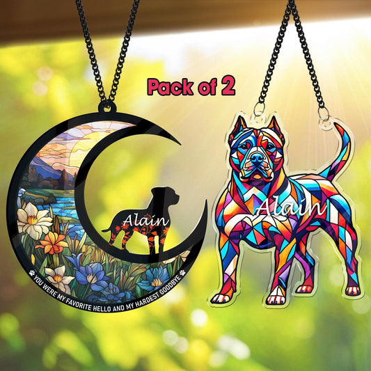 Netecom 2 Pitbull Memorial Suncatchers – Loss of Dog Sympathy Ornament, Pitbull Lover Gift, Dog Remembrance Keepsake, Window Hanging Decor