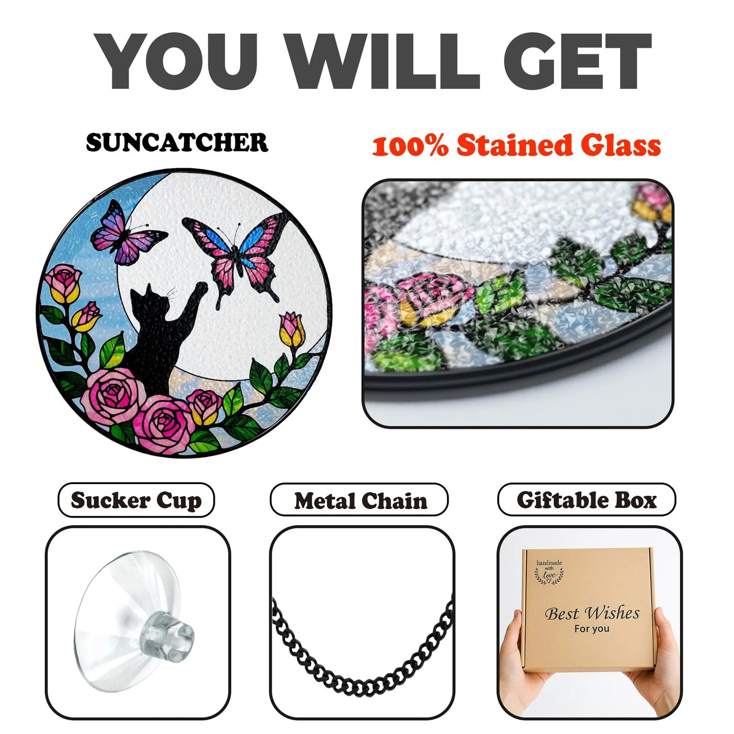 Netecom 8" Black Cat Butterfly Stained Glass Suncatcher – Cat Window Hanging, Cat Lover Gift, Loss of Pet Sympathy Decor