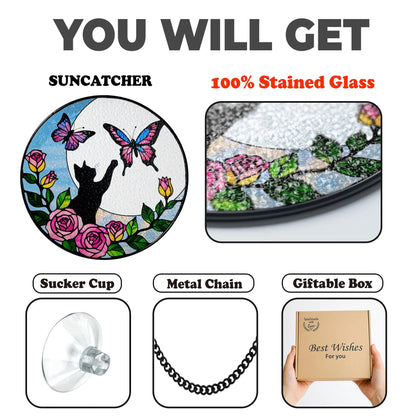 Netecom 8" Black Cat Butterfly Stained Glass Suncatcher – Cat Window Hanging, Cat Lover Gift, Loss of Pet Sympathy Decor