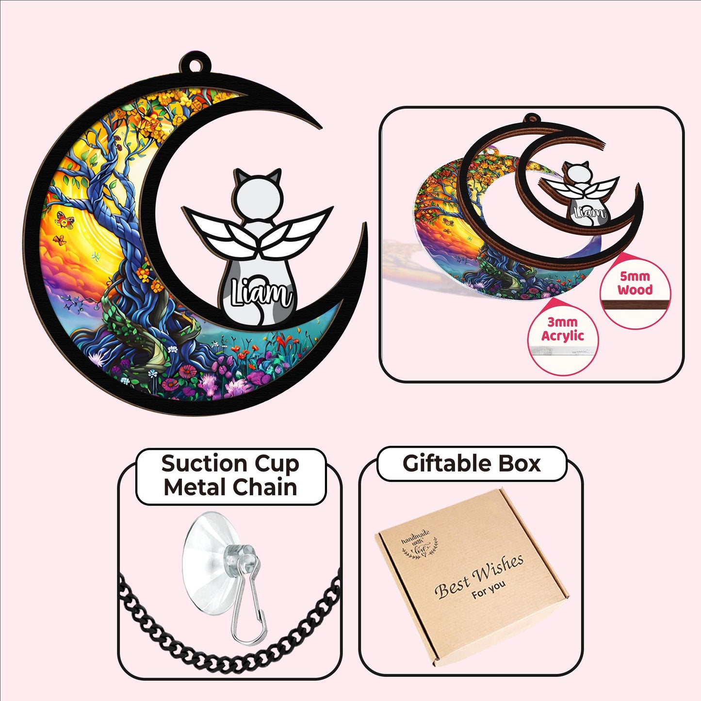 Netecom Custom Cat Angel Memorial Suncatcher – Tree of Life Pet Loss Gift, Rainbow Bridge Light Catcher, Personalized Kitty Remembrance Ornament