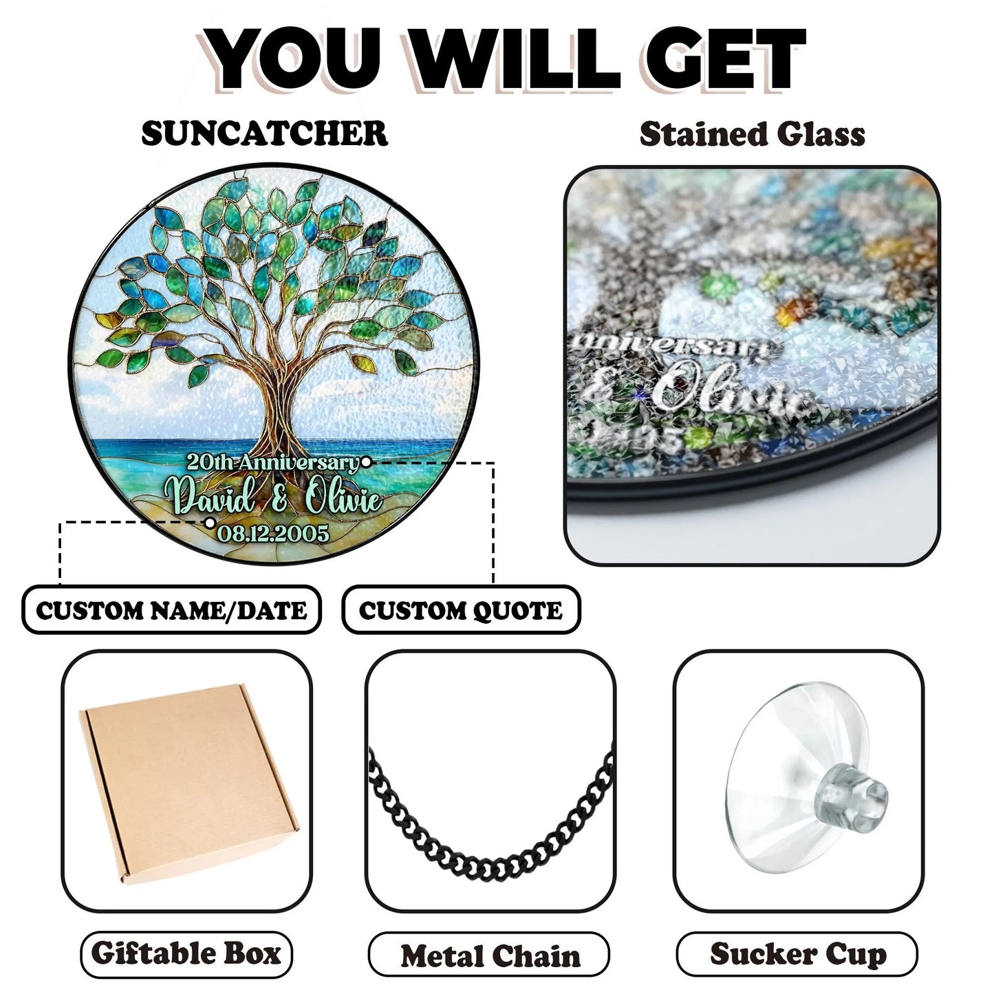 Netecom Personalized 50th Anniversary Tree of Life Suncatcher – Golden Wedding Window Hanging, Custom Tree of Life Glass Gift for Couples Parents Grandma Grandpa