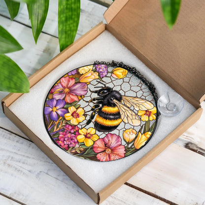 Netecom Bee Wildflower Stained Glass Suncatcher – Nature Gift for Gardeners, Mother’s Day, Grandma and Teacher Gift