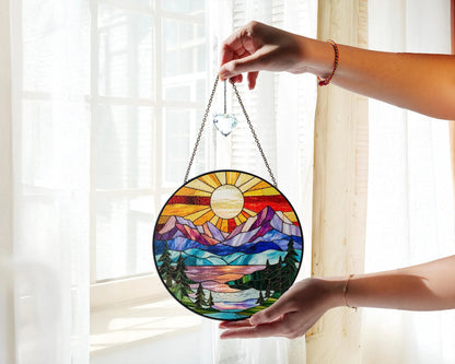 Netecom Mountain Range Stained Glass Suncatcher Ornament Nature Window Hanging Landscape Art Gift for Mom Christmas Home Decor