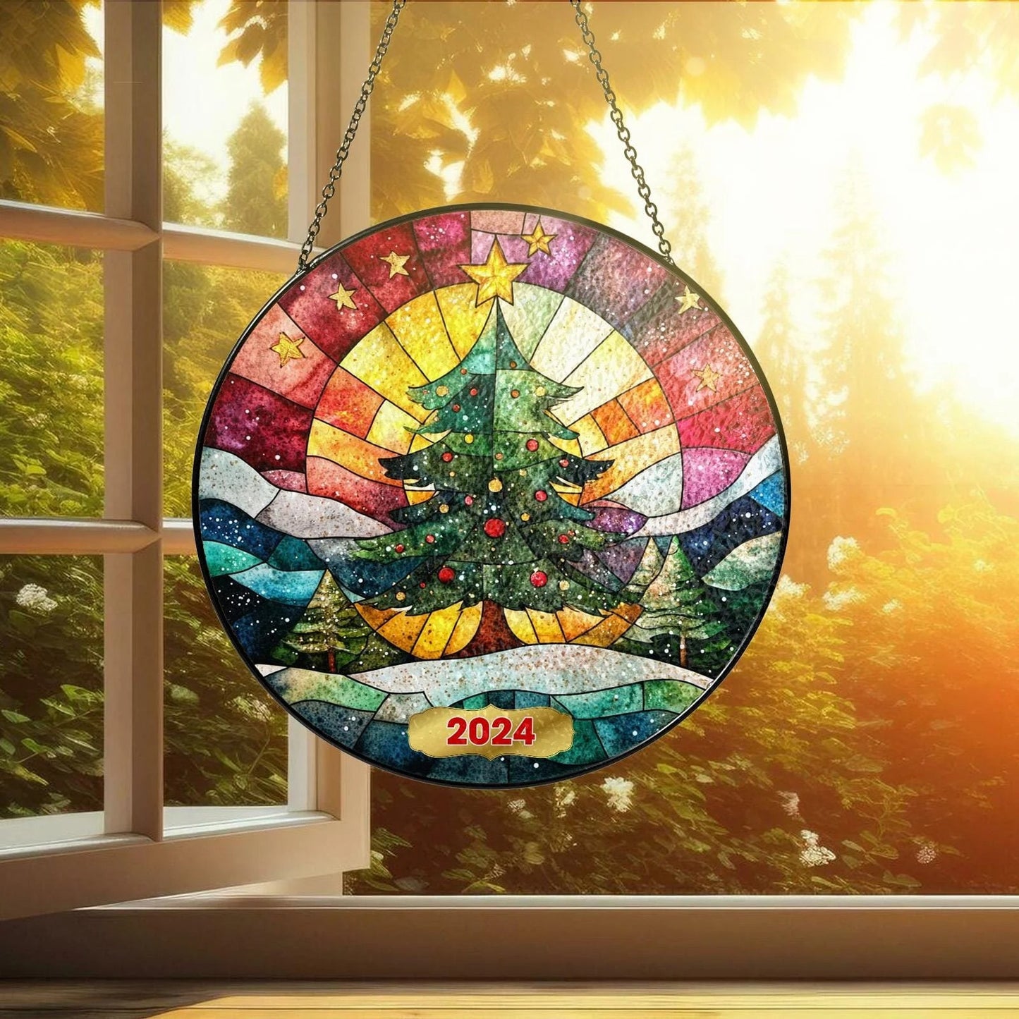 Netecom Christmas Tree Stained Glass Suncatcher, Holiday Window Hanging Ornament, Festive Glass Decor, Gift for Home, Xmas SunCatcher