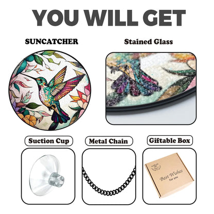 Netecom Hummingbirds and Wild Flowers Stained Glass Suncatcher – Window Hanging Nature Art, Grandma Gift, Light Catcher Wall Decor, Gift for Women Mom