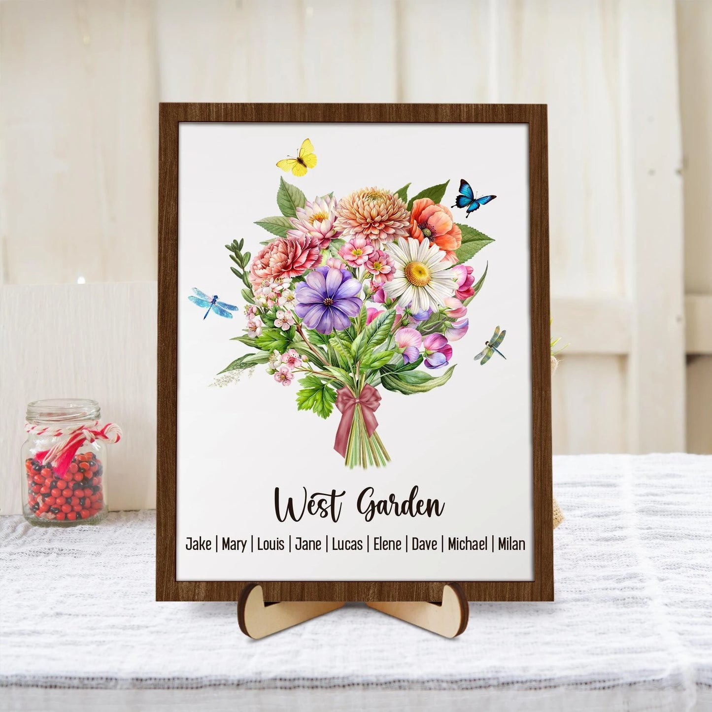 Netecom Personalized Birth Flower Family Wooden Frame Custom Birth Month Garden Sign Mother’s Day Gift for Mom Nana Grandma Wall Art Decor