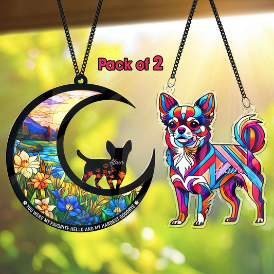 Netecom Pack of 2 Chihuahua Dog Memorial Suncatchers – Dog Passing Away Remembrance Ornament, Dog Lovers Gifts, Chihuahua Window Decoration