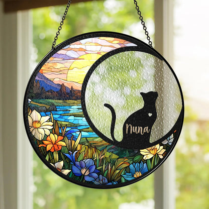 Netecom Personalized Cat Memorial Suncatcher – Stained Glass Look Pet Remembrance Ornament, Rainbow Bridge Window Hanging, Cat Mom Gift