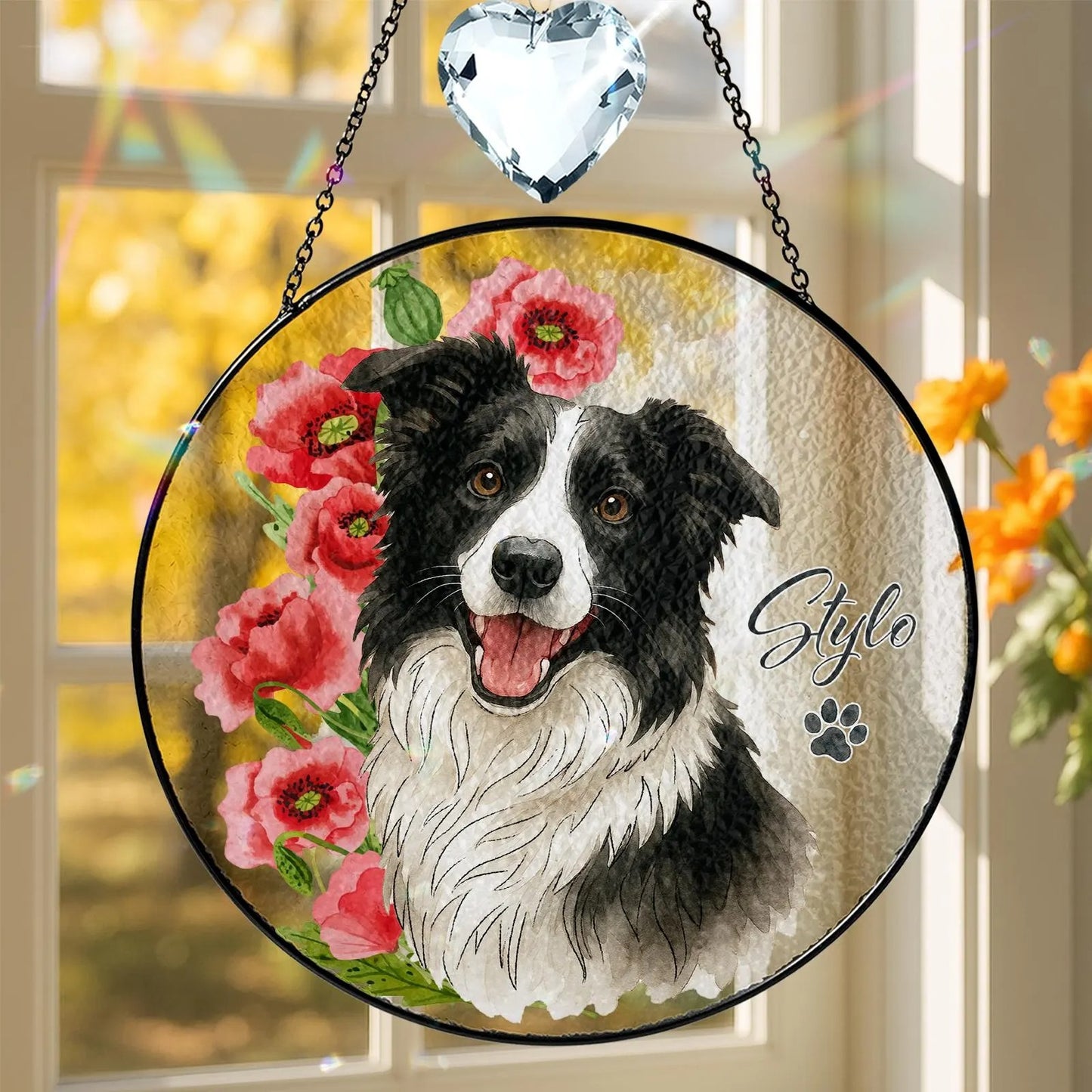 Netecom Personalized Pet Portrait Stained Glass Suncatcher – Custom Pet Memorial Gifts for Dogs and Cats, Handmade Pet Sympathy Window Hanging, Pet Remembrance Keepsake