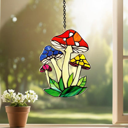 Netecom Mushroom Suncatcher Acrylic Window Hanging, Fly Mushroom Wall Art Decor, Flat 2D Plant Suncatcher, Mushroom Home Decor Gift
