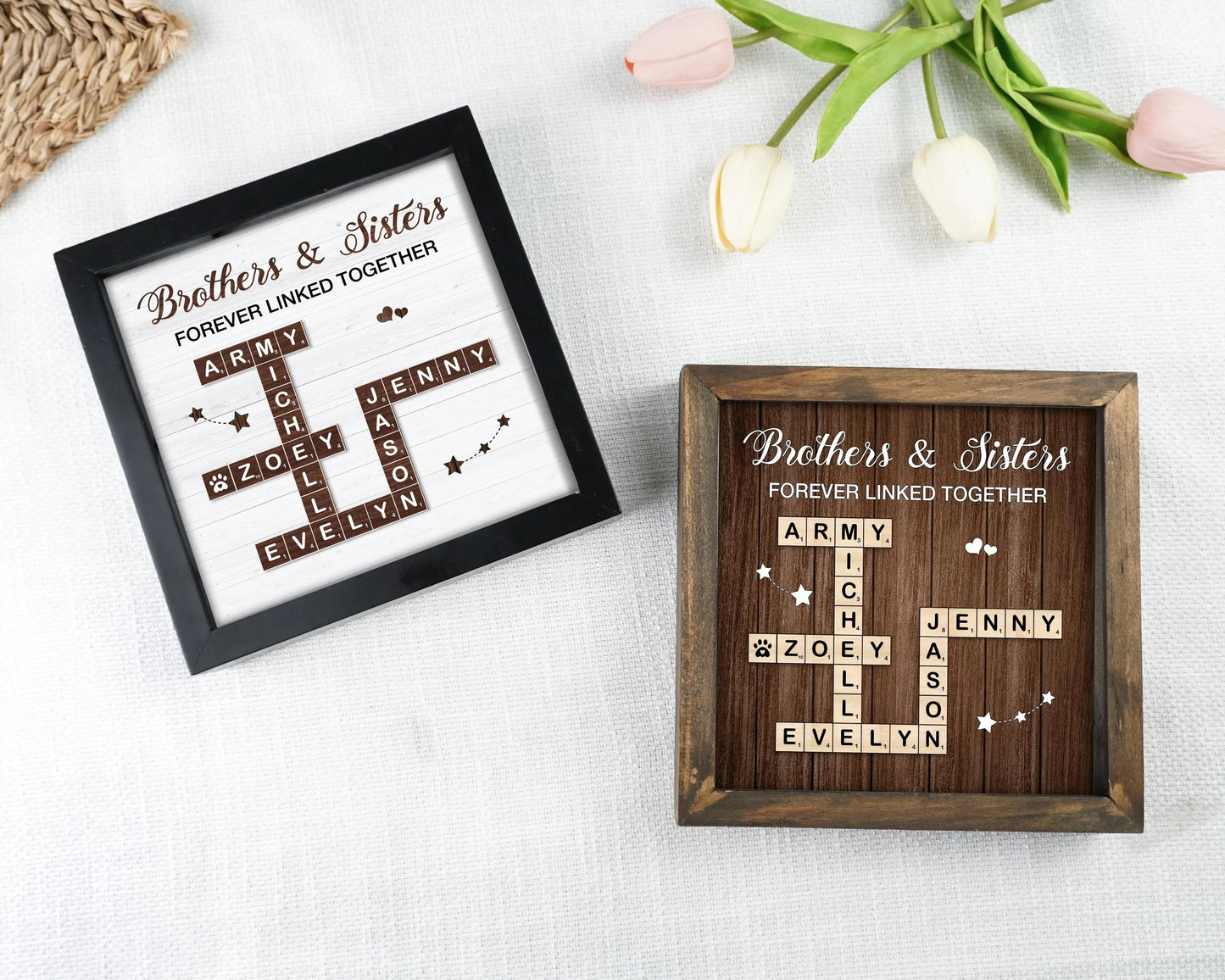 Netecom Personalized Brothers & Sisters Scrabble Frame Family Puzzle Name Sign Sibling Gift Family Keepsake