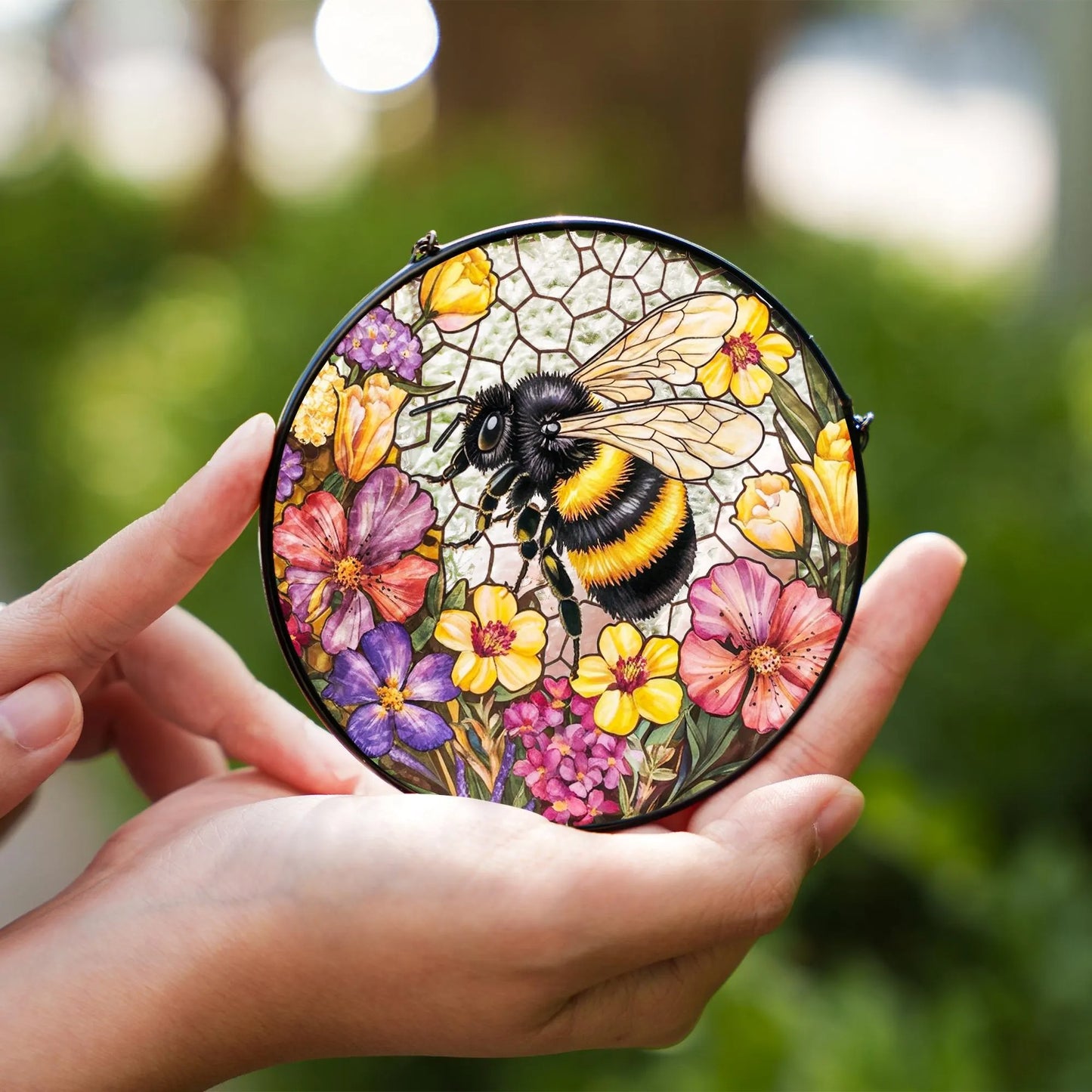 Netecom Bee Wildflower Stained Glass Suncatcher – Nature Gift for Gardeners, Mother’s Day, Grandma and Teacher Gift