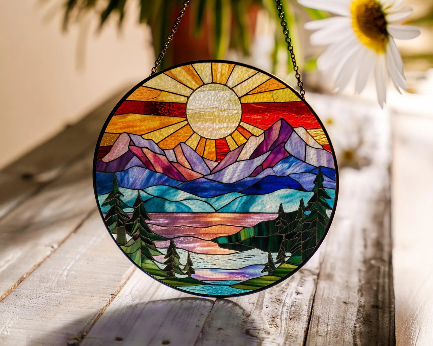 Netecom Mountain Range Stained Glass Suncatcher Ornament Nature Window Hanging Landscape Art Gift for Mom Christmas Home Decor