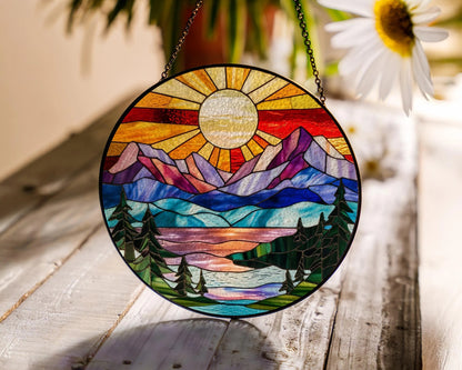 Netecom Mountain Range Stained Glass Suncatcher Ornament Nature Window Hanging Landscape Art Gift for Mom Christmas Home Decor