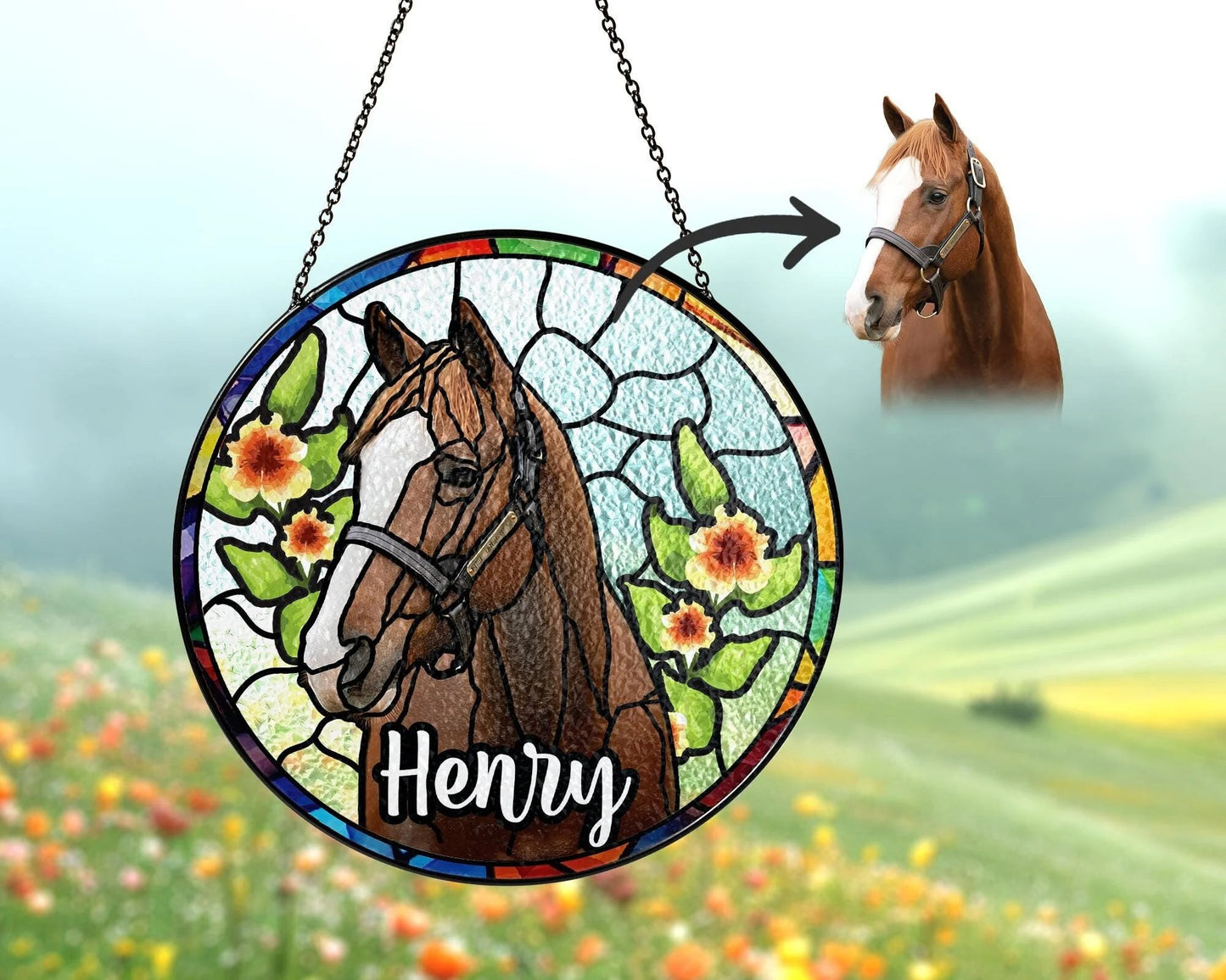 Netecom Personalized Horse Portrait Stained Glass Suncatcher – Custom Pet Memorial Lightcatcher, Dog, Cat, and Fish Memorial Photo Ornament, Pet Lover Window Hanging
